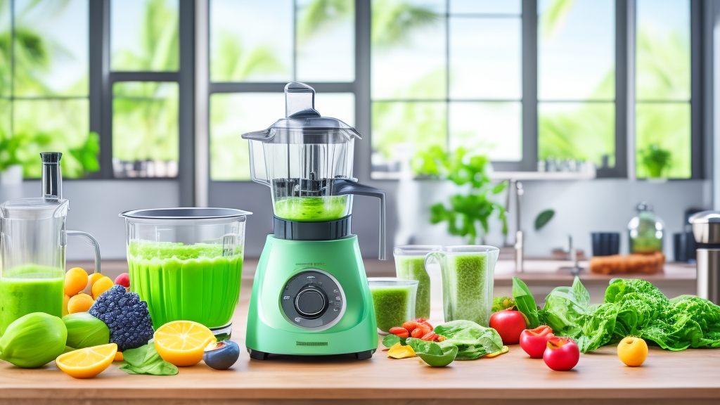 1000W turmixgép használat közben zöldturmix készítése során modern konyhában hozzávalókkal