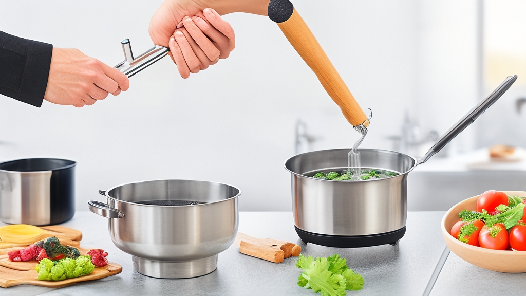 Szakács botmixert használ közvetlenül a főzőedényben leves készítése közben modern rozsdamentes acél konyhai környezetben