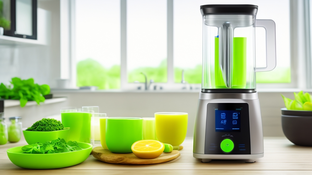 Futurisztikus okos turmixgép digitális kijelzővel app kapcsolattal és környezetbarát funkciókkal modern konyhában