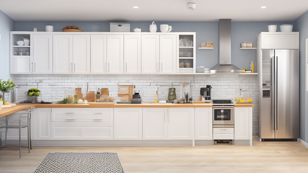 Személy méri a konyhapult helyét turmixgép elhelyezéshez modern kis konyhában különböző turmixgép méretek láthatók