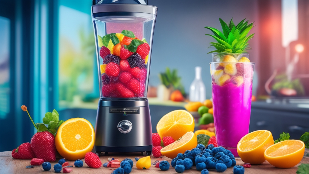 Csúcskategóriás professzionális turmixgép működés közben átlátszó tartállyal jégkockák és gyümölcsök láthatók luxus konyhai környezetben